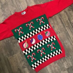 Vintage P‎ Galli Christmas Sweater Women Size Small LONG Candy Canes Ornaments